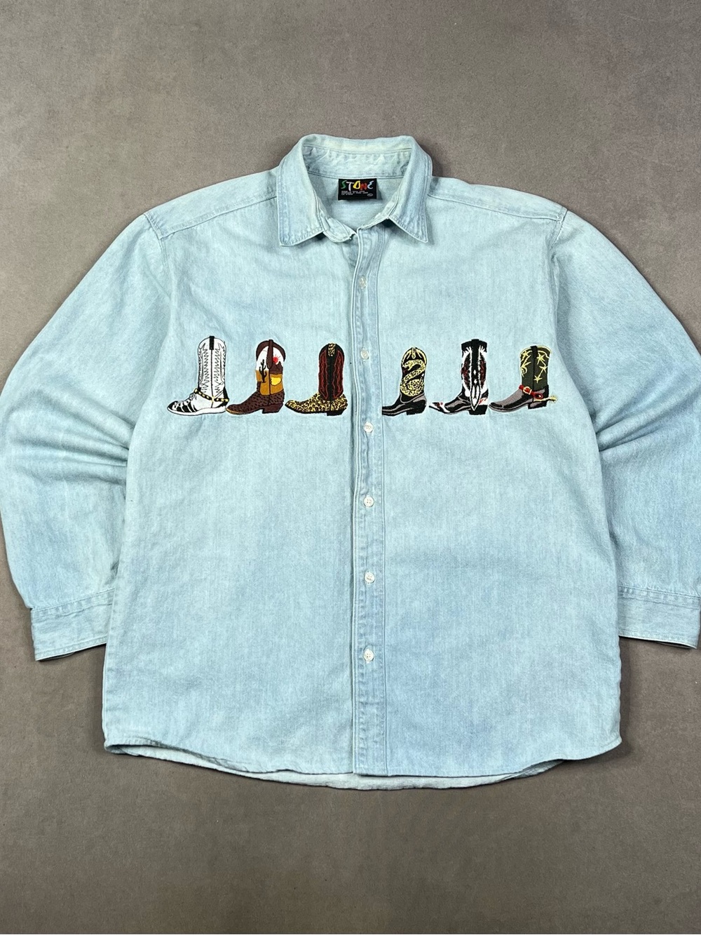 Vintage Light Blue Denim Button-Down Shirt with Embroidered Cowboy Boots Western